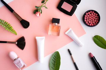 makeup cosmetic products color background flat lay top view.woman beauty fashion decorative.