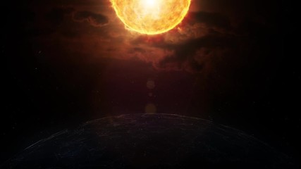 artistic universe with sun and futuristic planet.