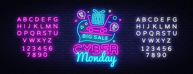 Wall Mural - Cyber Monday Sale neon sign vector. Cyber Monday Bid discount Design template neon sign, light banner, neon signboard, nightly bright advertising, light inscription. Vector. Editing text neon sign