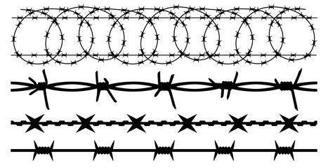 Barbwire set isolated silhouette, vector background. Barbed wire, seamless