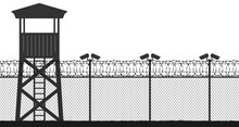 Prison Tower, Checkpoint, Protection Territory, Watchtower, State Border,military Base. Street Camera On The Pillar. Fence Wire Mesh Barbed Wire, Seamless Vector Silhouette