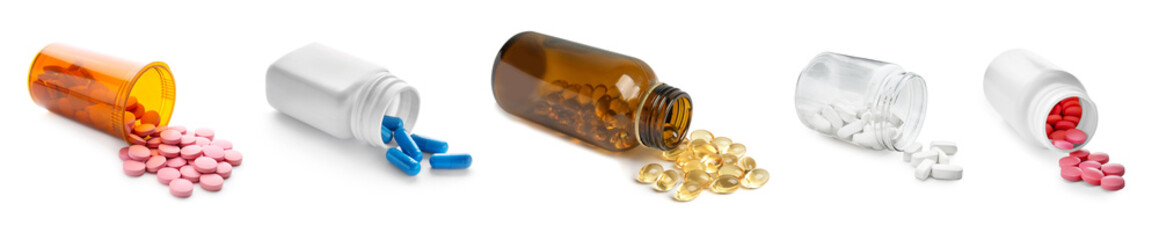 Set with different pills on white background