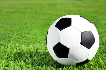 Soccer ball on fresh green football field grass. Space for text