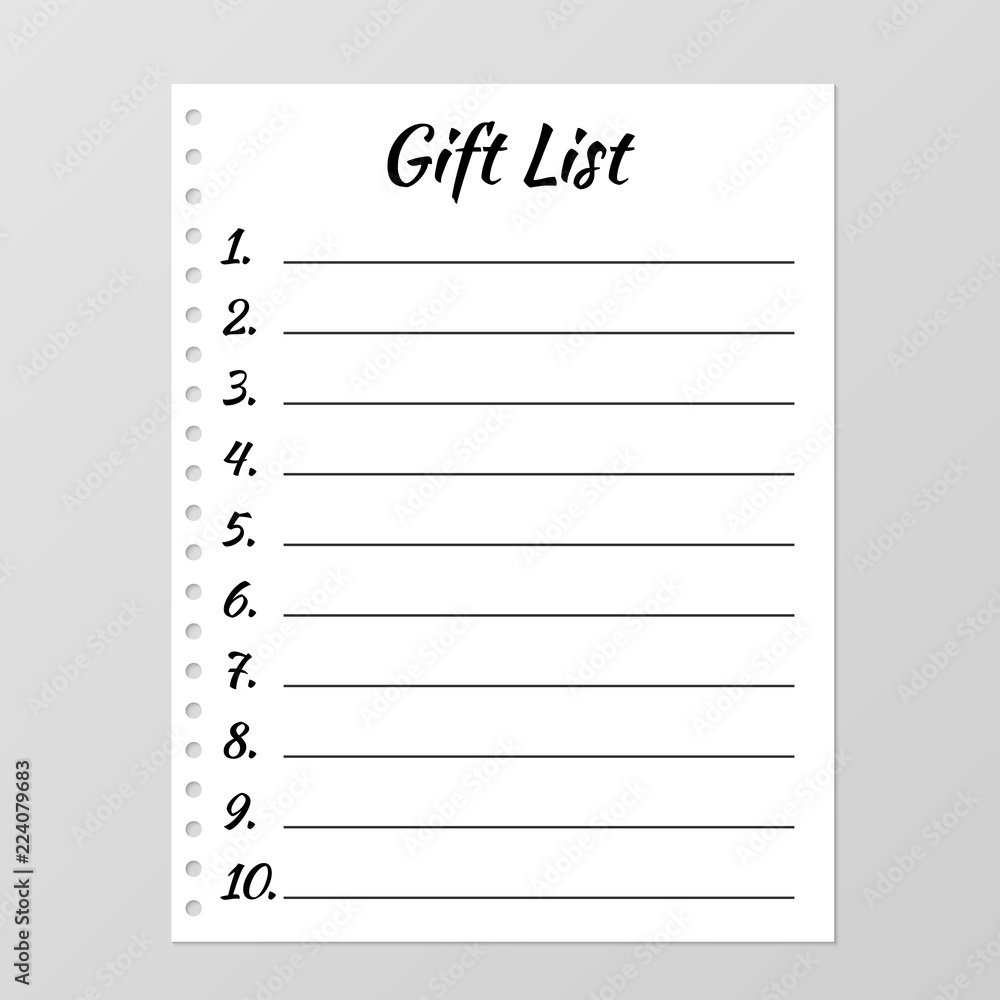 Gift list template. Planner page. Lined and numbered paper sheet. Blank white notebook page isolated on grey. Stock Vector | Adobe Stock gift-list-template-planner-page-lined-and-numbered-paper-sheet-blank-white-notebook-page-isolated-on-grey-stock-vector-adobe-stock