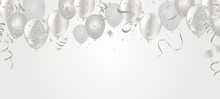 Silver Balloons Illustration Confetti And Ribbons Flag Celebration Background Template Typography For Greeting Card, Festive Poster Etc.