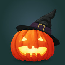 Ripe Orange Oval Pumpkin Illuminated From The Inside With Black Witch Hat. Halloween Vector Icon.
