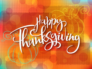 Wall Mural - Vector greeting thanksgiving banner with hand lettering label - happy thanksgiving - with doddle pumpkin