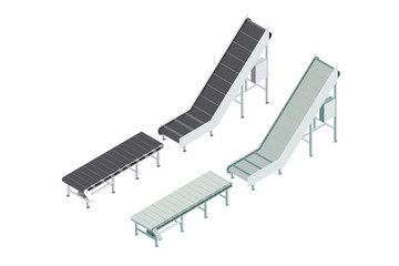Group of machines factory automated with conveyor belt. Automated production line in the plant. Machinery for food engineering. Isometric vector flat 3d illustration