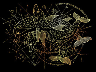 Wall Mural - Three golden dolphins with geometric lines on black background. Esoteric, occult, new age and wicca concept, fantasy illustration with mystic symbols and sacred geometry