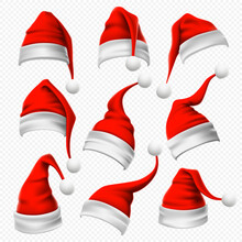 Santa Claus Hats. Christmas Red Hat, Xmas Furry Headdress And Winter Holidays Head Wear Decoration 3D Vector Set