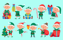 Christmas Elf Character. Cute Santa Claus Helpers Elves. Funny Xmas Winter Baby Dwarf Characters Vector Set