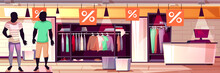 Menswear Fashion Boutique Interior Vector Illustration Of Men Clothes Sale. Suits, Trousers And Shirts On Mannequins In Shop Window Display, Dressing Room And Checkout Counter On Cartoon Background