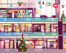 Christmas Mall Shops Vector Illustration Of Boutiques And Xmas Tree At Escalator Staircase. Winter Holiday Decoration And Sale On Men And Women Clothes Display Window In Multistory Trade Center