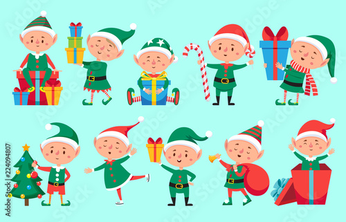 Christmas Elf Character Cute Santa Claus Helpers Elves Funny Xmas Winter Baby Dwarf Characters Vector Set Vetor Do Stock Adobe Stock