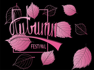 Wall Mural - Autumn festival announcement banner with pink falling leaves and handdrawn letters. Vector illustration