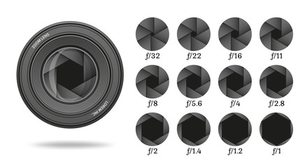 Aperture icon set with value numbers. Camera shutter lens diaphragm row. Vector illustration.