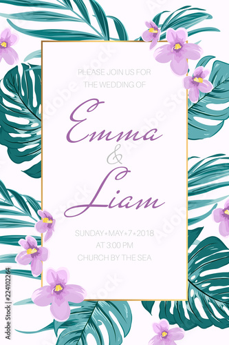 Wedding Event Invitation Card Template Border Frame Exotic Tropical Floral Greenery Decoration Green Mostera Jungle Palm Tree Leaves Purple Violet Viola Flowers Text Placeholder Vertical Portrait Stock Vector Adobe Stock