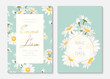 Wedding invitation card portrait template set. Round and rectangular border frame decorated with yellow white daisy chamomile flowers bouquet. Sky blue background. Vector design illustration.