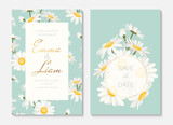 Wedding invitation card portrait template set. Round and rectangular border frame decorated with yellow white daisy chamomile flowers bouquet. Sky blue background. Vector design illustration.