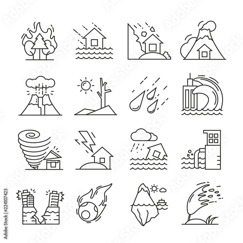 Fotomural natural disaster icons thin line on white background