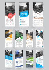 design of vector white roll-up banners with round, square, diagonal and triangular design elements a