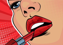 Girl Paints Her Lips With Red Lipstick. The Beauty Of The Face, Makeup. Vector Illustration In Pop Art Retro Comic Style