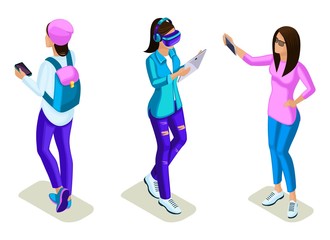 Wall Mural - isometrics young people, teenagers, stylish clothes and backpacks, generation z, use of gadgets, pho