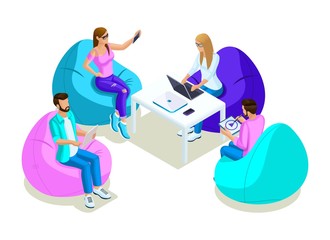 Wall Mural - isometrics young people, teenagers, work in the coworking center, freelancers, programmers, visualiz