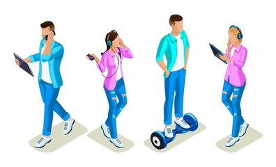 Wall Mural - isometrics young people, teenagers, generation z, communication in social networks, the use of gadge