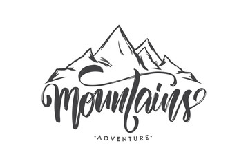 Fototapete - Vector illustration: Brush lettering compositionof Mountains Adventure with Hand drawn Peaks of Mountains sketch.