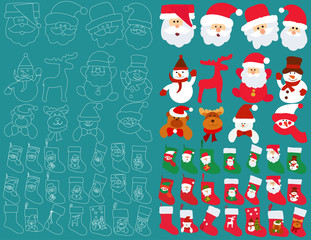 Wall Mural - set of New Year faces of Santa Claus and snowman