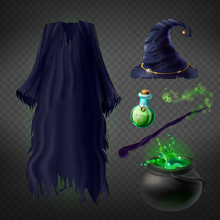 Vector Set With Witch Costume For Halloween Party And Magical Accessories Isolated On Transparent Background. Wizard Dress And Hat, Boiling Cauldron With Poison, Magic Wand And Flask With Potion
