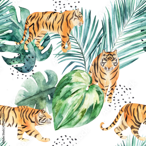 Watercolor seamless pattern. Tropical jungle leaves and tiger. Hand drawn abs...