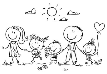 Wall Mural - Family with three children walking outdoors, outline