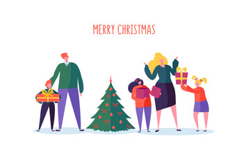 Wall Mural - Happy Family Celebrating Winter Holidays with Christmas Tree and Gifts. Parents and Children on New Year Party. Vector illustration