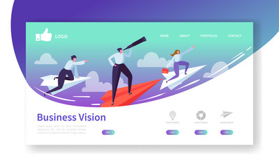 Wall Mural - business vision landing page template. website layout with flat people characters flying on paper pl