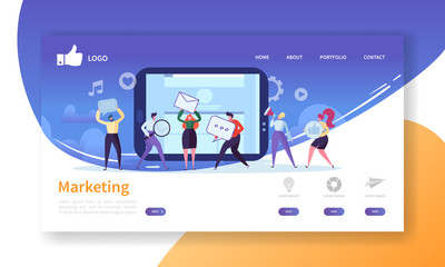 Wall Mural - social marketing landing page template. website layout with flat people characters advertising. easy