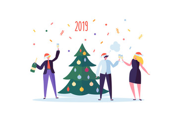 Wall Mural - Business People Celebrating New Year 2019 Party. Flat Characters in Santa Hat Toasting Champagne. Christmas Eve with Cartoons, Tree and Confetti. Vector illustration