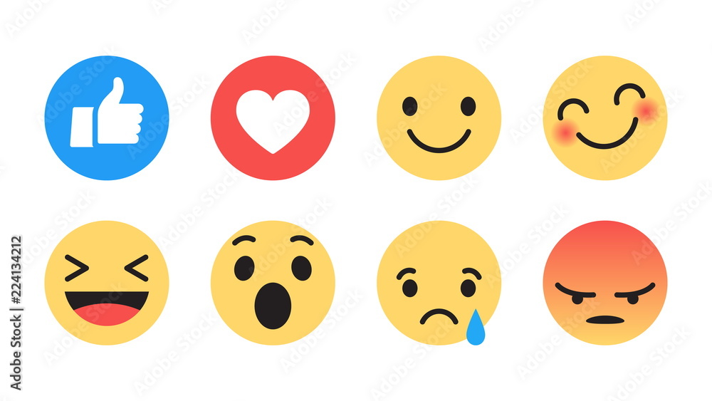 Vector Emoji Set with Different Reactions for Social Network Isolated on White Background. Modern Emoticons Collection in Flat Style Design - obrazy, fototapety, plakaty 