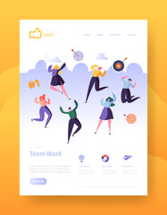 Wall Mural - website development landing page template poster, banner. mobile application layout with happy flat 