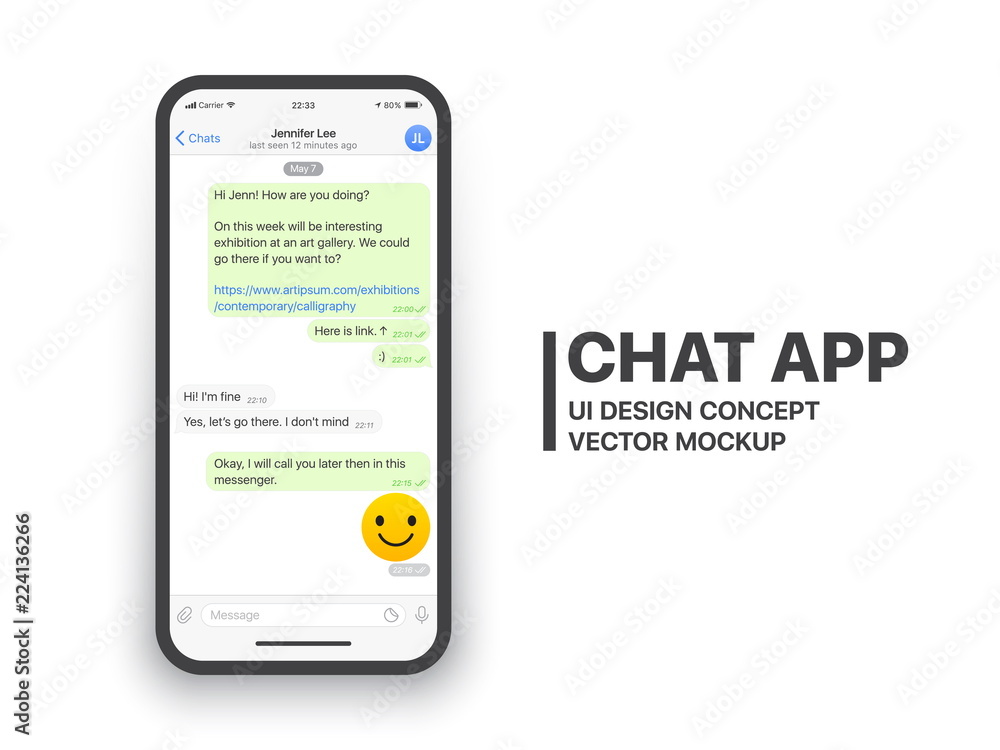 Mobile Chat App UI and UX Concept Vector Mockup in Minimalist Classic Light Theme on Smart Phone Screen Isolated on White Background. Social Network Design Template - obrazy, fototapety, plakaty 