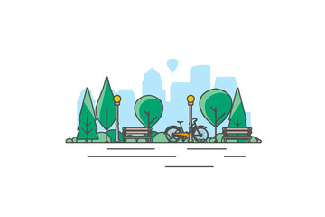 Wall Mural - City park bench, lawn and trees, street lamp. Flat style line vector illustration