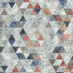 Wall Mural - patchwork triangles embroidery background with roses and canvas