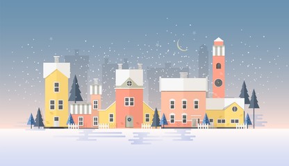 Fototapete - Horizontal winter cityscape with town in snowfall. Landscape with night city street, beautiful old buildings, towers and fir trees covered with snow. Colorful vector illustration in flat style.