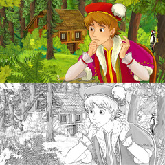 Wall Mural - cartoon scene with young prince traveling and encountering hidden wooden house in the forest - with artistic coloring page - illustration for children