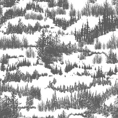 seamless pattern with hills overgrown by evergreen coniferous forest or woodland. backdrop with coni
