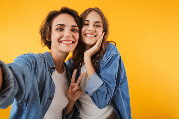 Poster - Excited young women friends isolated over yellow wall background take a selfie by camera.