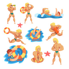 Wall Mural - Male lifeguard saving drowning people set, muscular professional rescuer on duty vector Illustration on a white background