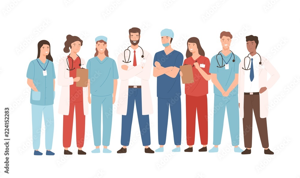 Group of hospital medical staff standing together. Male and female medicine workers - physicians, doctors, paramedics, nurses isolated on white background. Vector illustration in flat cartoon style. - obrazy, fototapety, plakaty 