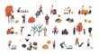 © Good Studio - Crowd of tiny people gathering crops or seasonal harvest. Bundle of men and women collecting ripe fruits, berries and vegetables isolated on white background. Flat cartoon vector illustration.